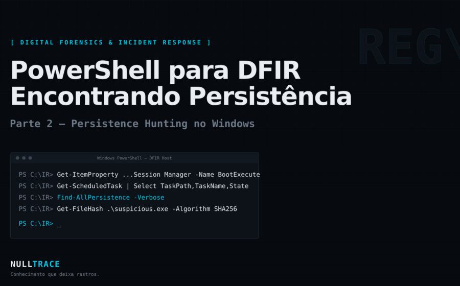 Imagem de capa do artigo PowerShell para DFIR, Parte 2, Null Trace, com terminal PowerShell estilizado para investigação forense