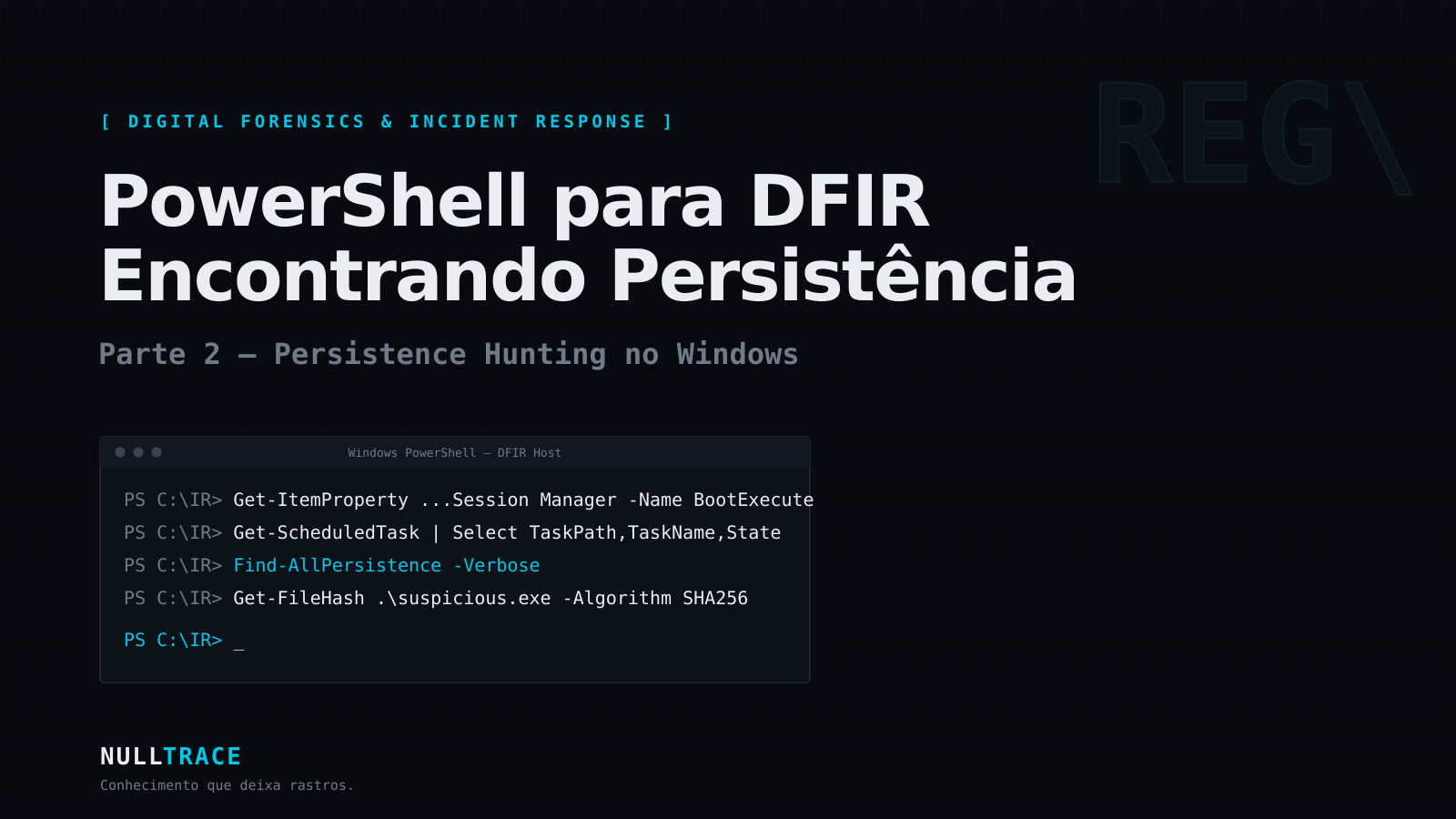 Imagem de capa do artigo PowerShell para DFIR, Parte 2, Null Trace, com terminal PowerShell estilizado para investigação forense
