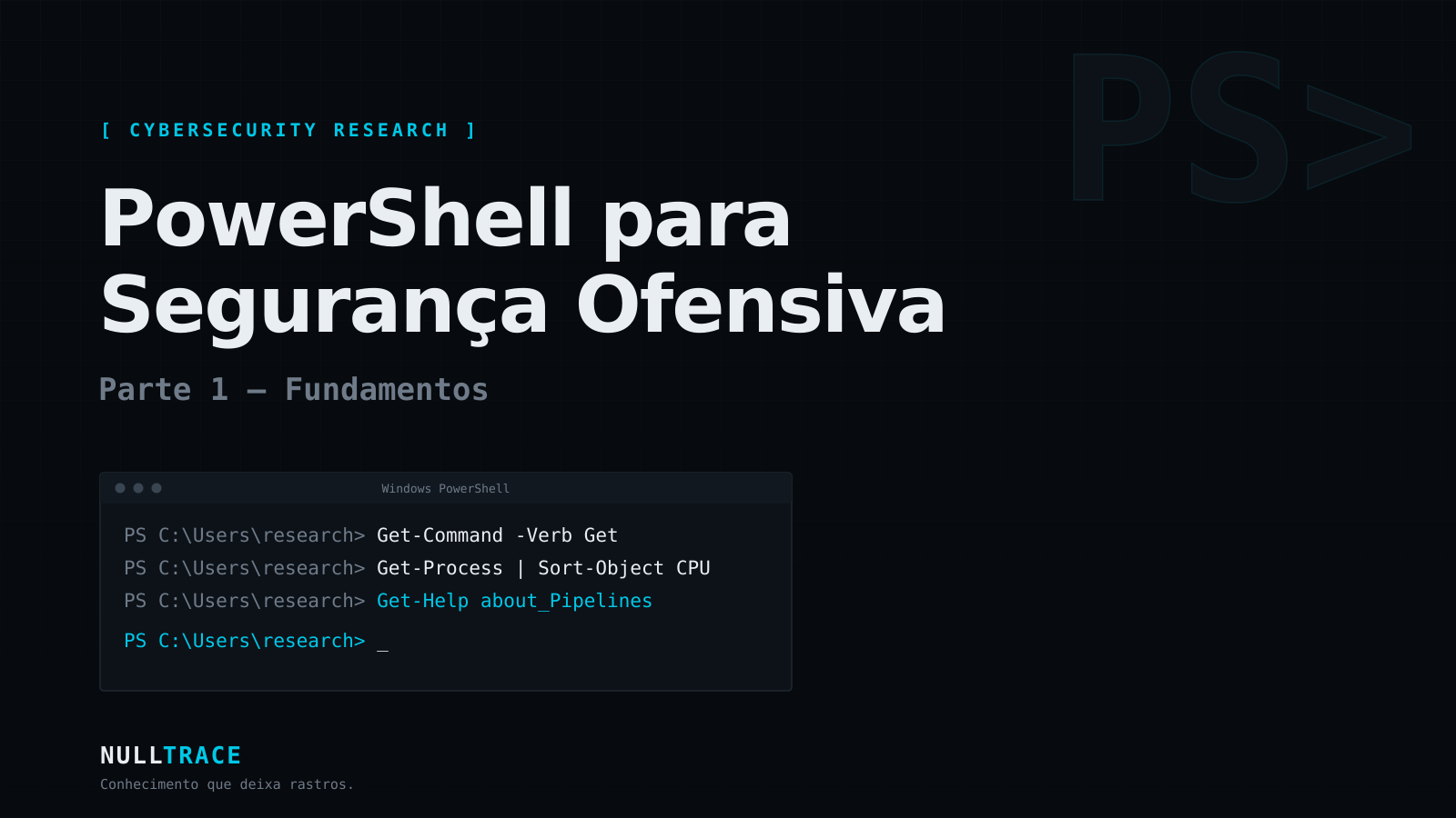 Imagem de capa do artigo PowerShell para Segurança Ofensiva, Parte 1, Null Trace, com terminal PowerShell estilizado