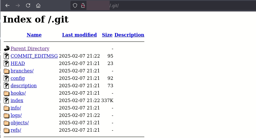 Navegador exibindo o índice de um diretório .git exposto com listagem de arquivos do repositório Git