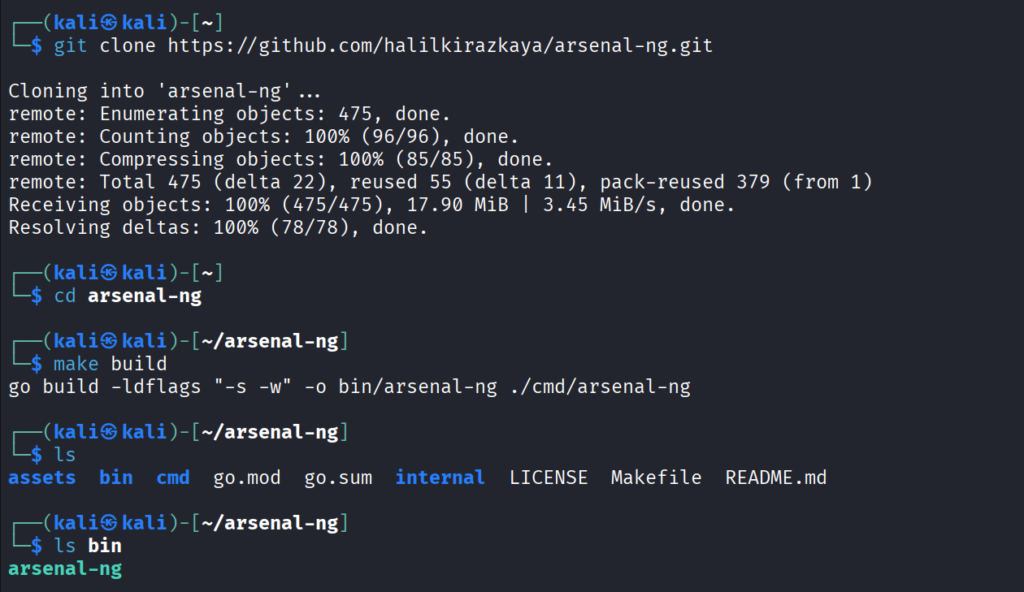 Terminal mostrando a saída da compilação do Arsenal-NG com make build concluída e o binário gerado