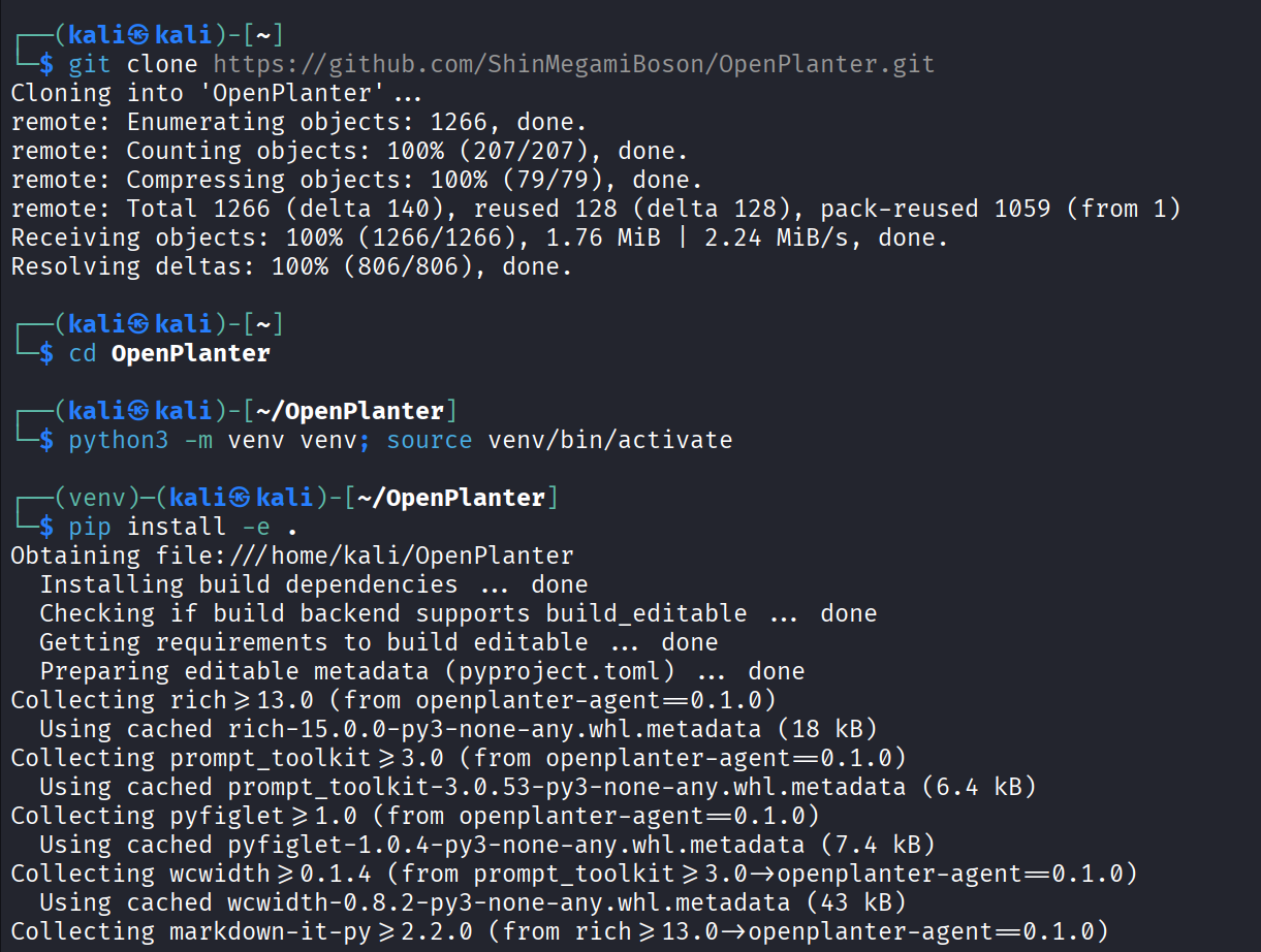 Terminal exibindo os comandos git clone, python3 -m venv e pip install -e . do projeto OpenPlanter