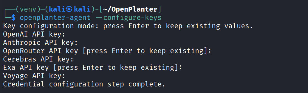 Prompt do OpenPlanter solicitando as chaves de API durante a configuração