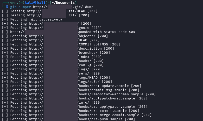 Terminal mostrando o git-dumper testando e baixando arquivos de um diretório .git exposto com respostas 200