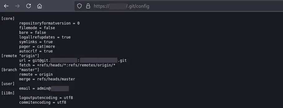 Conteúdo do arquivo config de um repositório Git exposto exibindo remote origin e user email