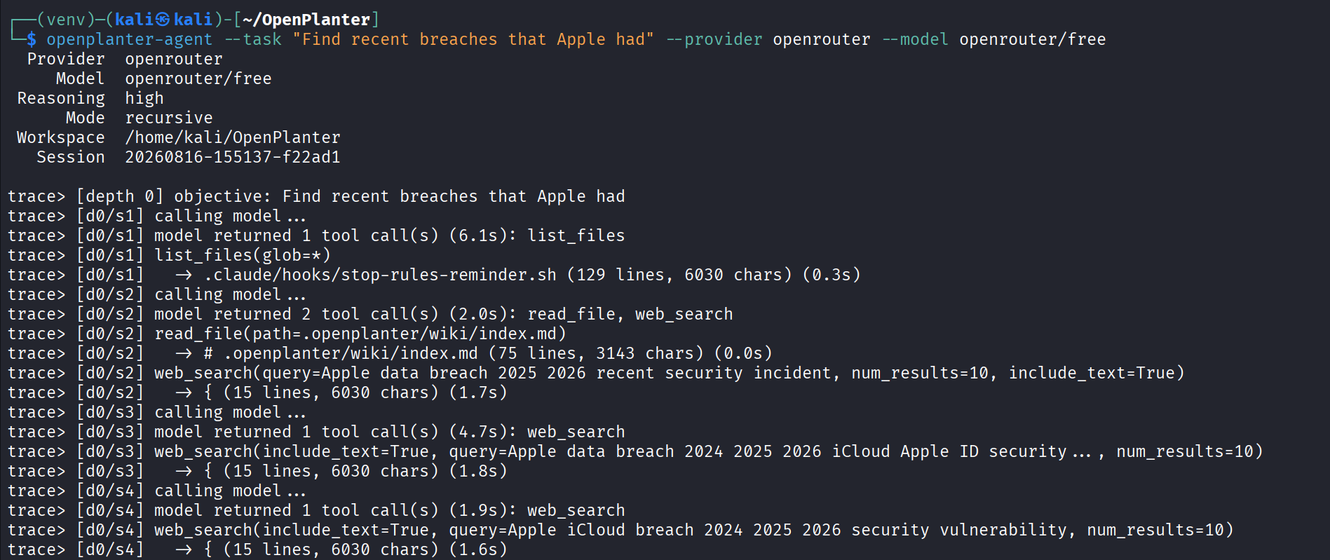 Terminal executando openplanter-agent --task com provedor openrouter e modelo gratuito