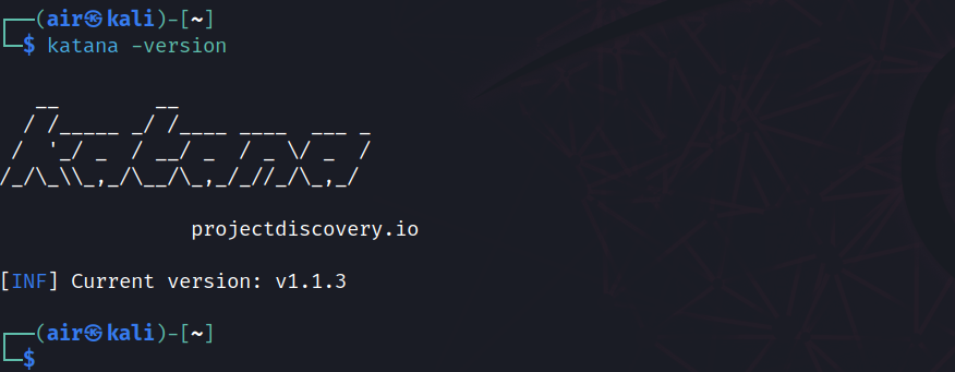 Terminal exibindo katana -version com a resposta Current version v1.1.3 da projectdiscovery.io