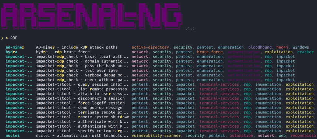 Interface do Arsenal-NG com resultados de busca filtrados por palavra-chave