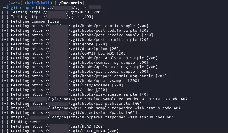 Terminal com o git-dumper baixando hooks e objetos de um diretório .git cuja listagem retorna 403