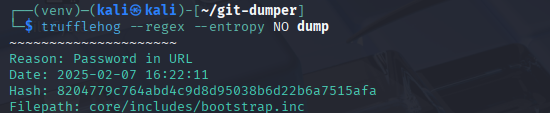 Terminal mostrando o comando trufflehog --regex --entropy NO e o resultado Reason Password in URL com hash e filepath