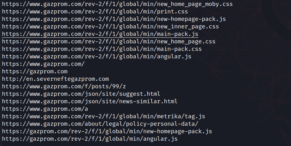 Saída do crawling headless listando arquivos JavaScript e CSS do portal AngularJS e endpoints json descobertos