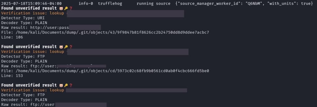 Varredura trufflehog filesystem com resultados unverified, verification issue lookup e arquivos dentro de .git/objects