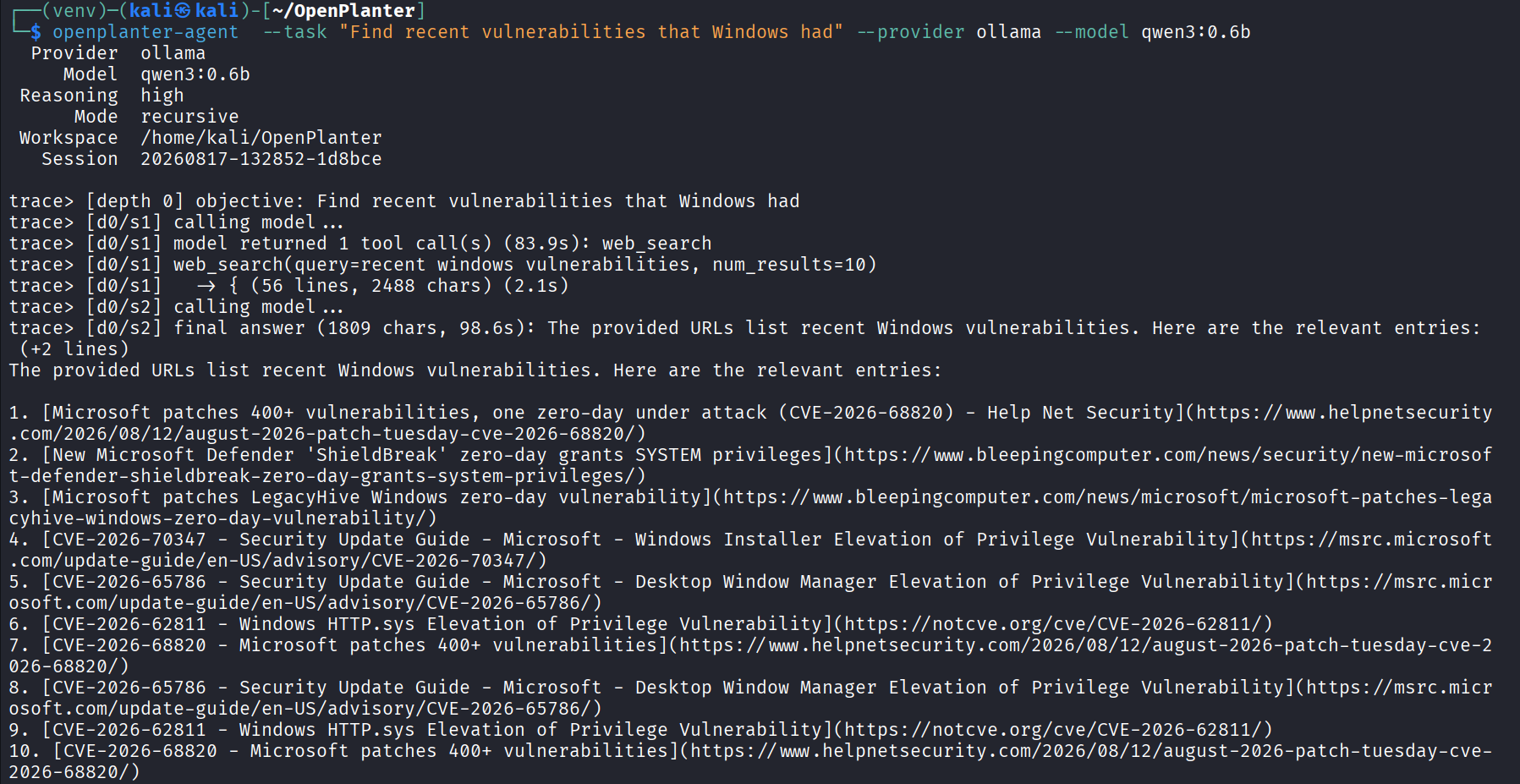 Terminal executando investigação do OpenPlanter com modelo Ollama local Qwen3 0.6B