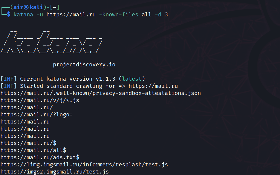 Terminal com katana -known-files all exibindo arquivos conhecidos descobertos como ads.txt e json de attestations