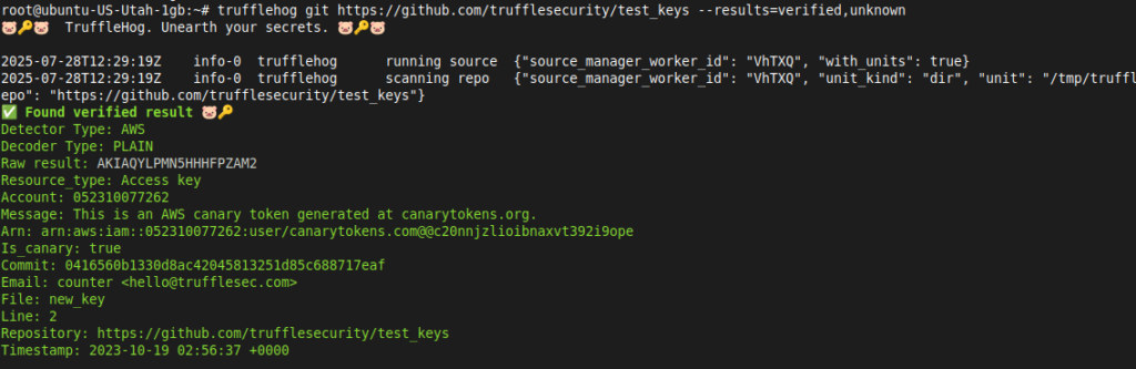 Terminal com trufflehog git test_keys --results=verified,unknown exibindo Found verified result Detector Type AWS