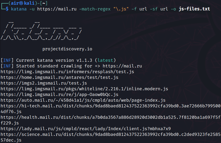 Terminal mostrando o filtro -match-regex .js isolando URLs de arquivos JavaScript do resultado do crawling