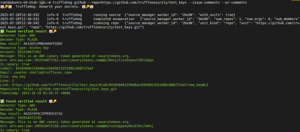Terminal com trufflehog github --repo com --issue-comments --pr-comments exibindo Found verified result Detector Type AWS