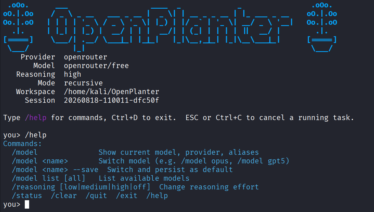 Interface de terminal do OpenPlanter em modo conversação com prompts e comandos