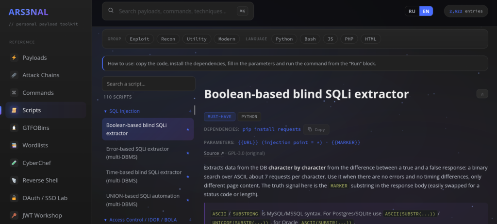 Interface web do Arsenal exibindo a seção Scripts com coleções por finalidade