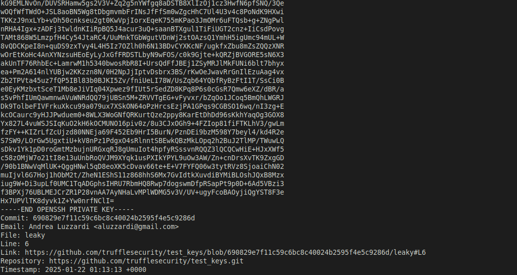 Chave privada OpenSSH exibida como resultado da varredura de issues e pull requests, com commit email e file leaky