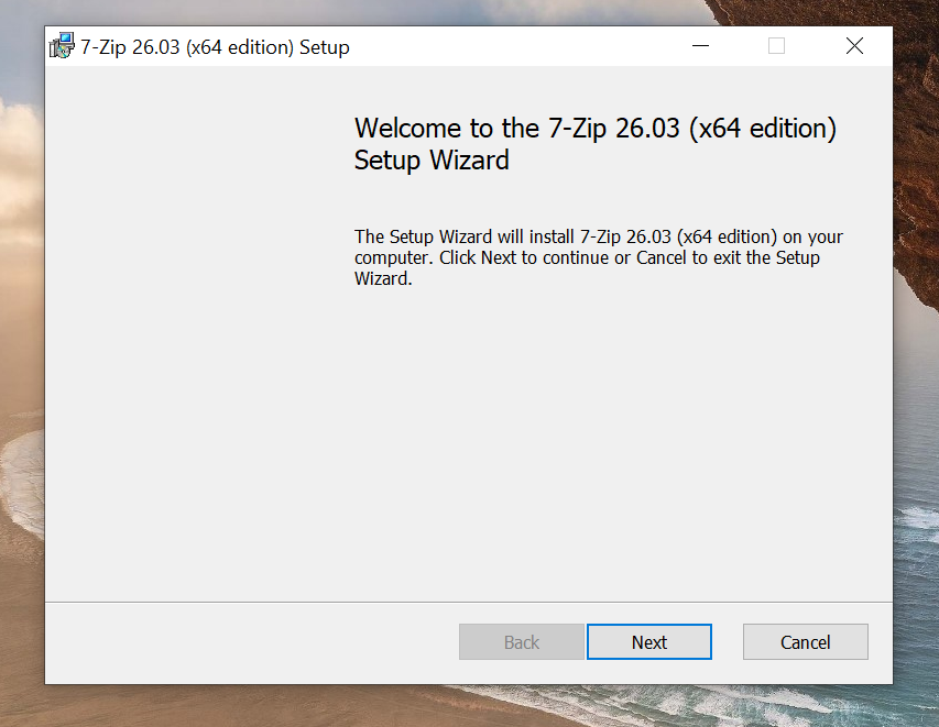 Assistente de instalação do 7-Zip executando o MSI backdoored na máquina alvo