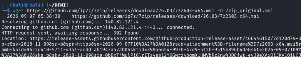 Terminal mostrando o download do instalador MSI do 7-Zip via wget