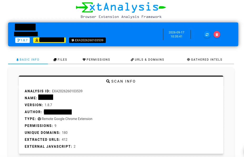 Aba de informações básicas do ExtAnalysis com dados extraídos do manifesto da extensão.