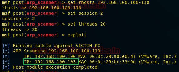 Saída do post/windows/gather/arp_scanner listando IP, MAC e OUI do host descoberto