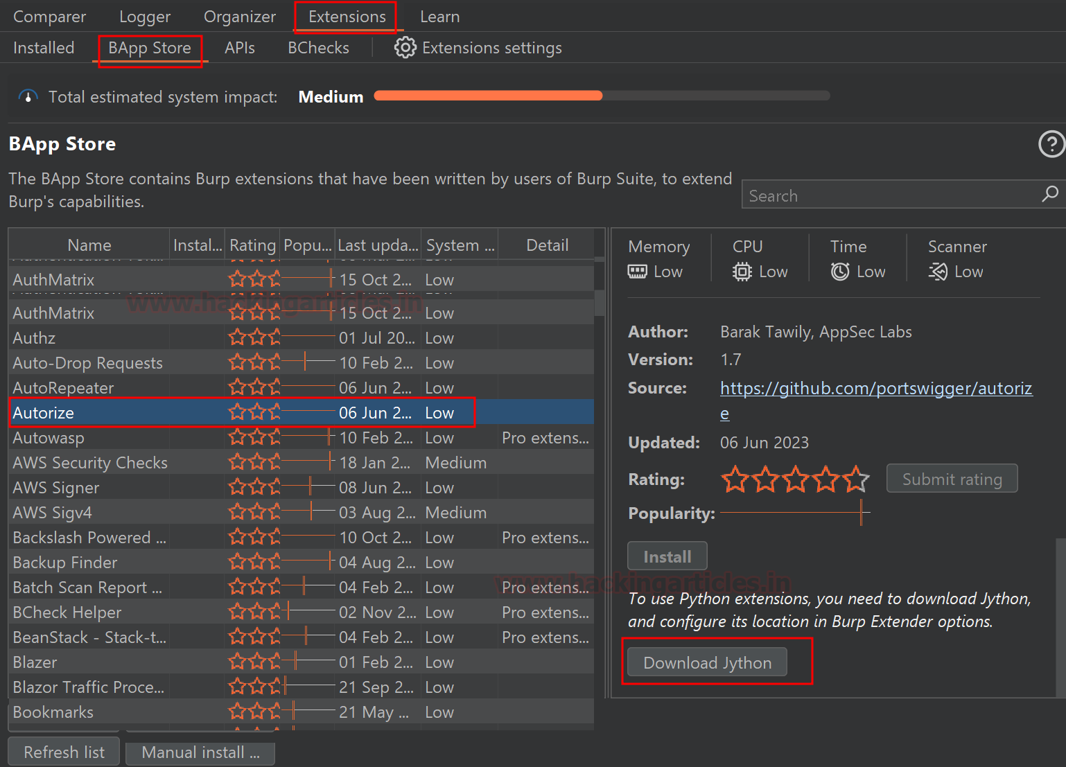 BApp Store do Burp Suite com a extensão Autorize selecionada e o requisito de Jython visível