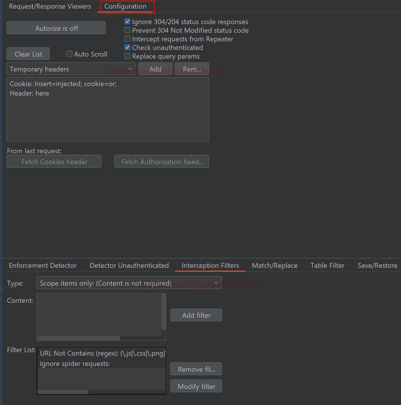 Aba Configuration do Autorize com Temporary headers, Fetch Cookies header e opções de captura