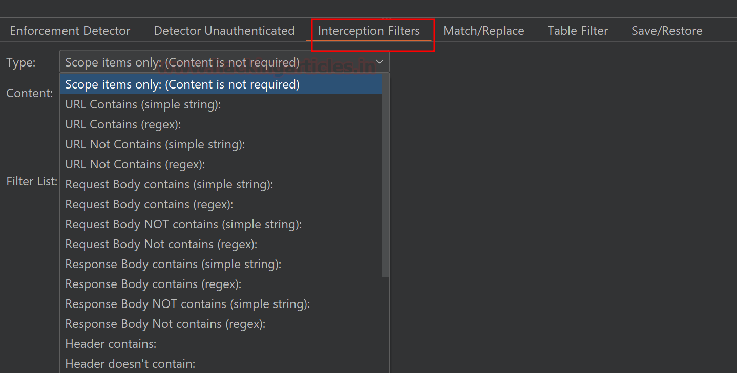 Interception Filters do Autorize com opções de escopo, URL e corpo da Request