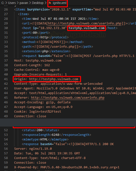 Burp Suite exibindo o histórico do Repeater exportado em XML