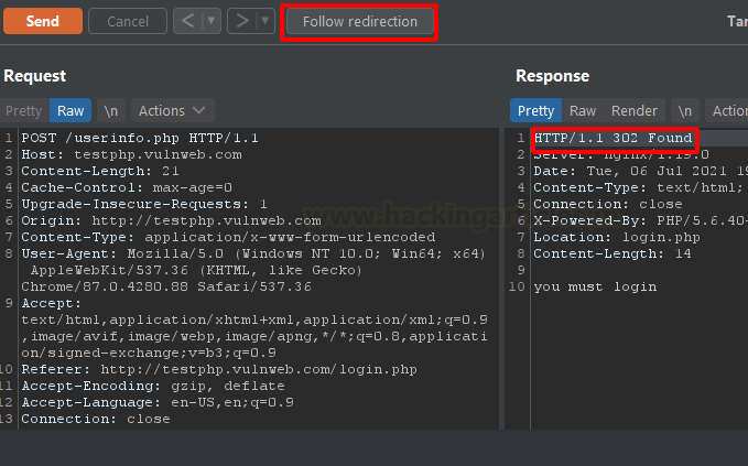 Burp Suite Repeater exibindo resposta HTTP 302 e o botão Follow redirection