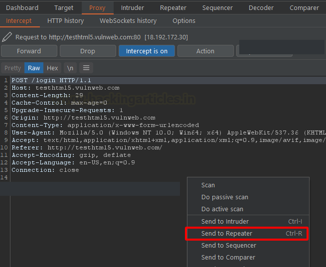 Menu de contexto do Burp Suite com a opção Send to Repeater destacada