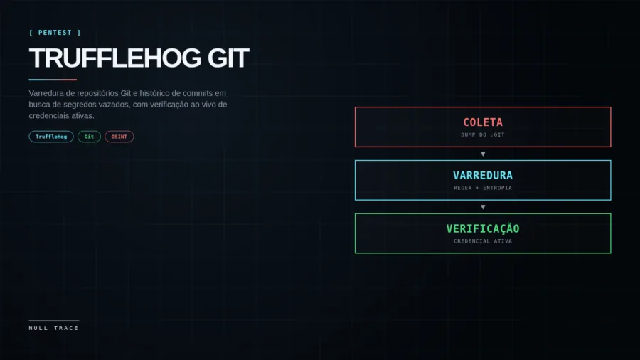 Capa técnica do artigo TruffleHog: varredura de repositórios Git em busca de segredos vazados, com fluxo Coleta, Varredura e Verificação