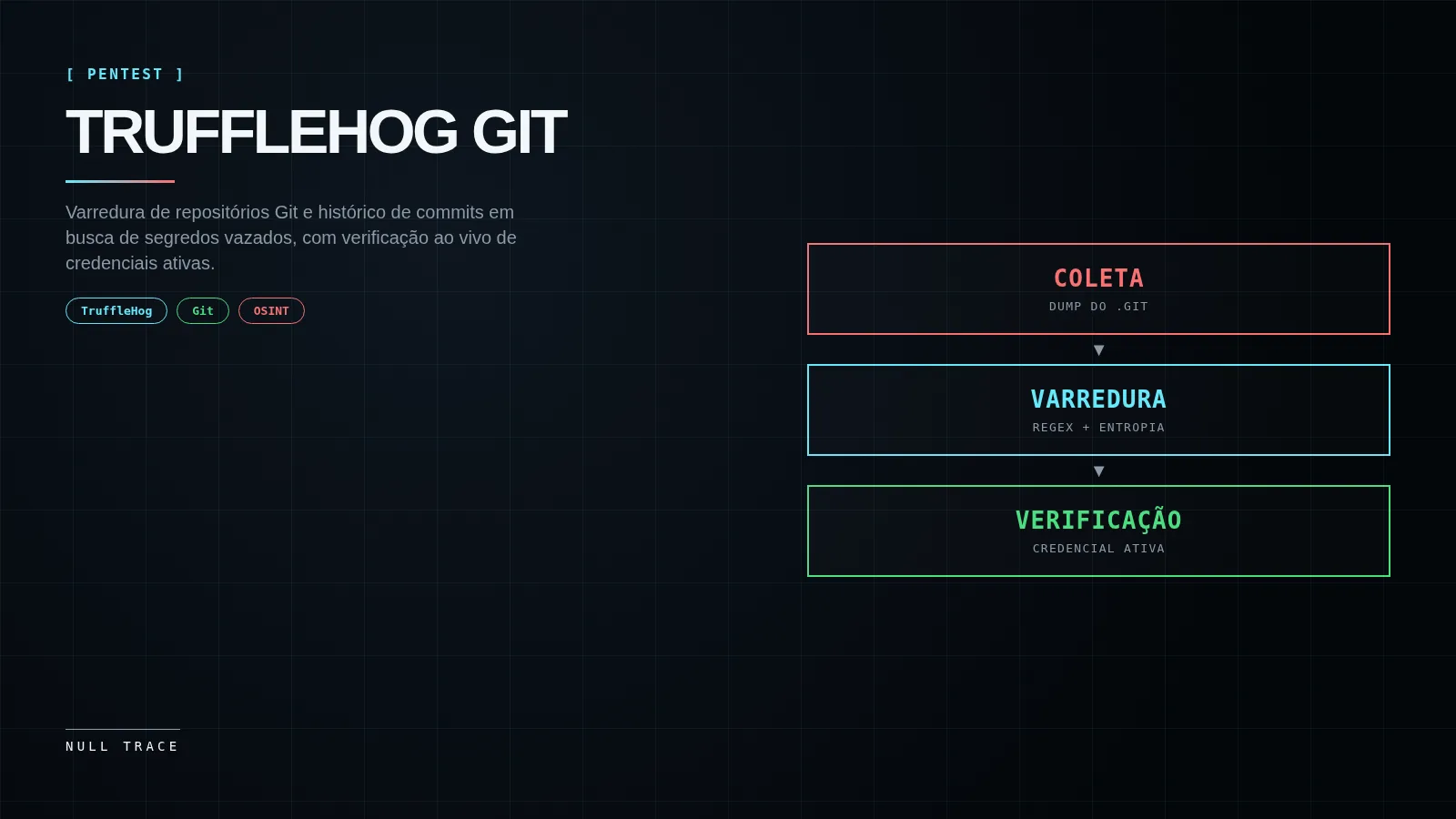 Capa técnica do artigo TruffleHog: varredura de repositórios Git em busca de segredos vazados, com fluxo Coleta, Varredura e Verificação