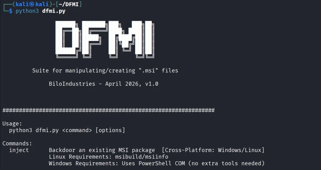 Menu principal do DFMI em terminal, listando os módulos inject, rogue-mst e stub