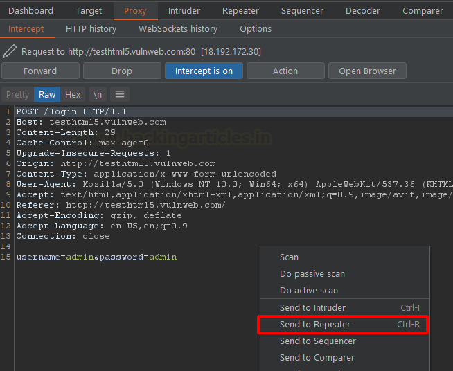 Interface do Burp Suite mostrando o envio de uma requisição interceptada para o Repeater