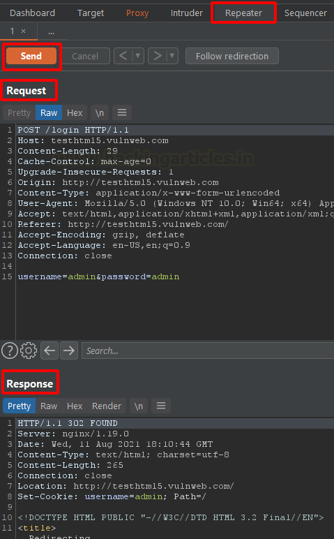 Burp Repeater exibindo painéis de requisição e resposta HTTP lado a lado
