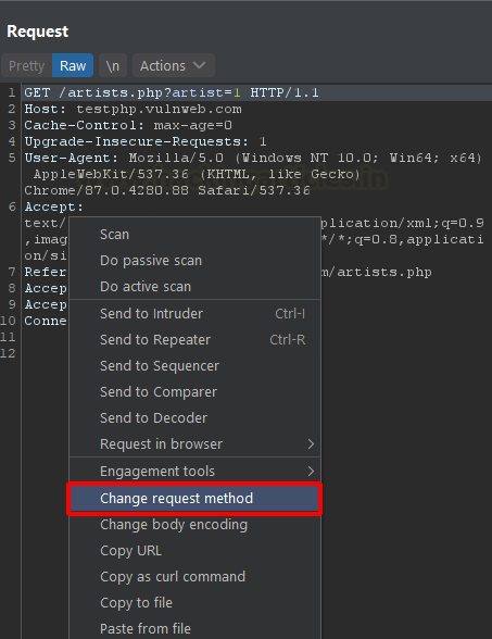 Burp Repeater com o menu Change Request Method para alternar GET e POST