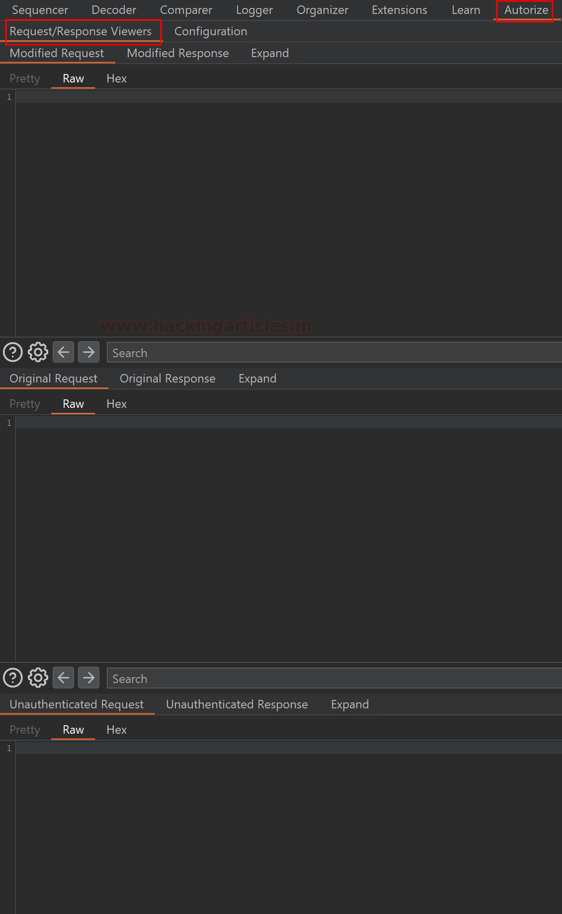 Extensão Autorize no Burp Suite comparando requisição original e reenvio com outra sessão
