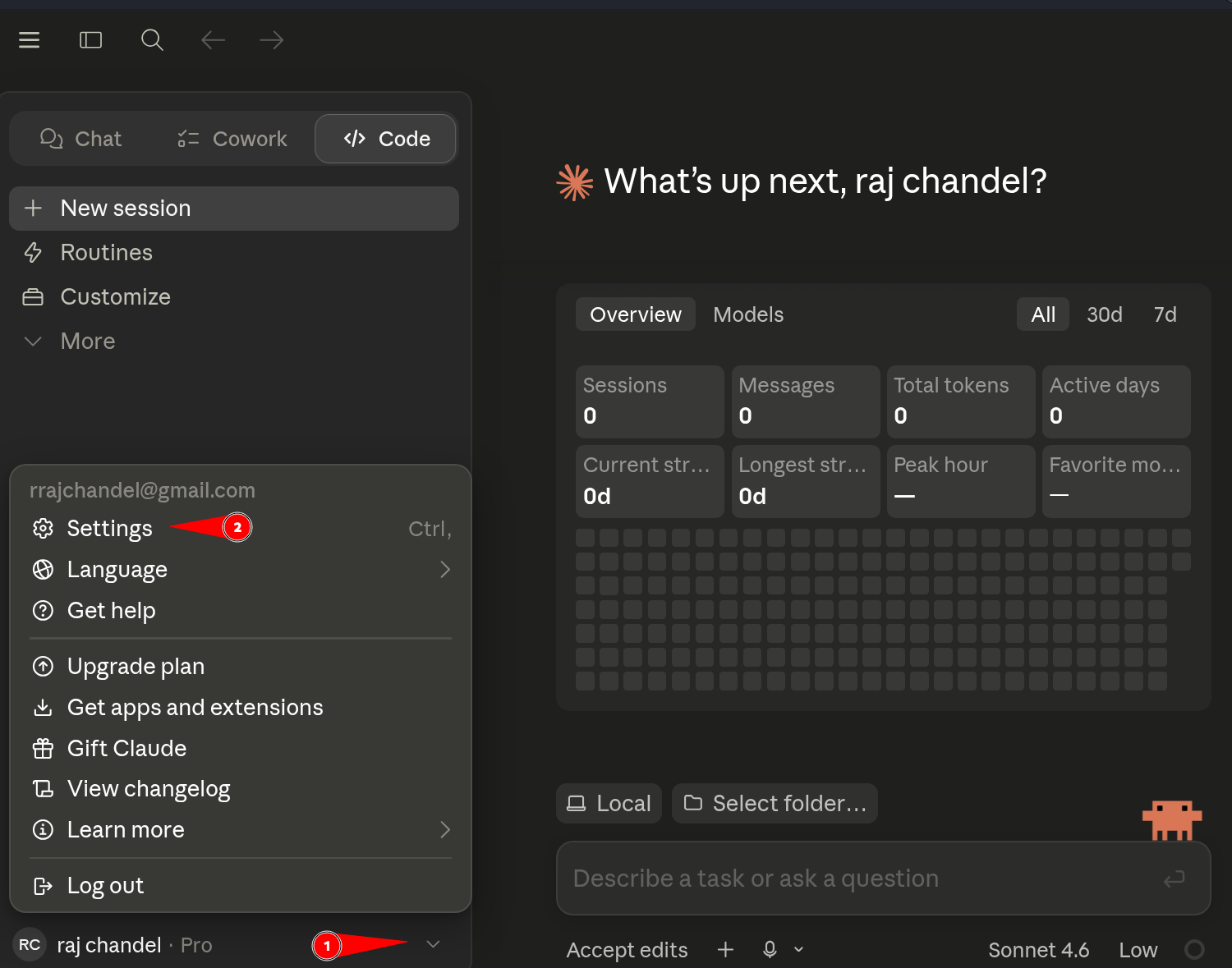 Interface do cliente desktop mostrando o menu Settings