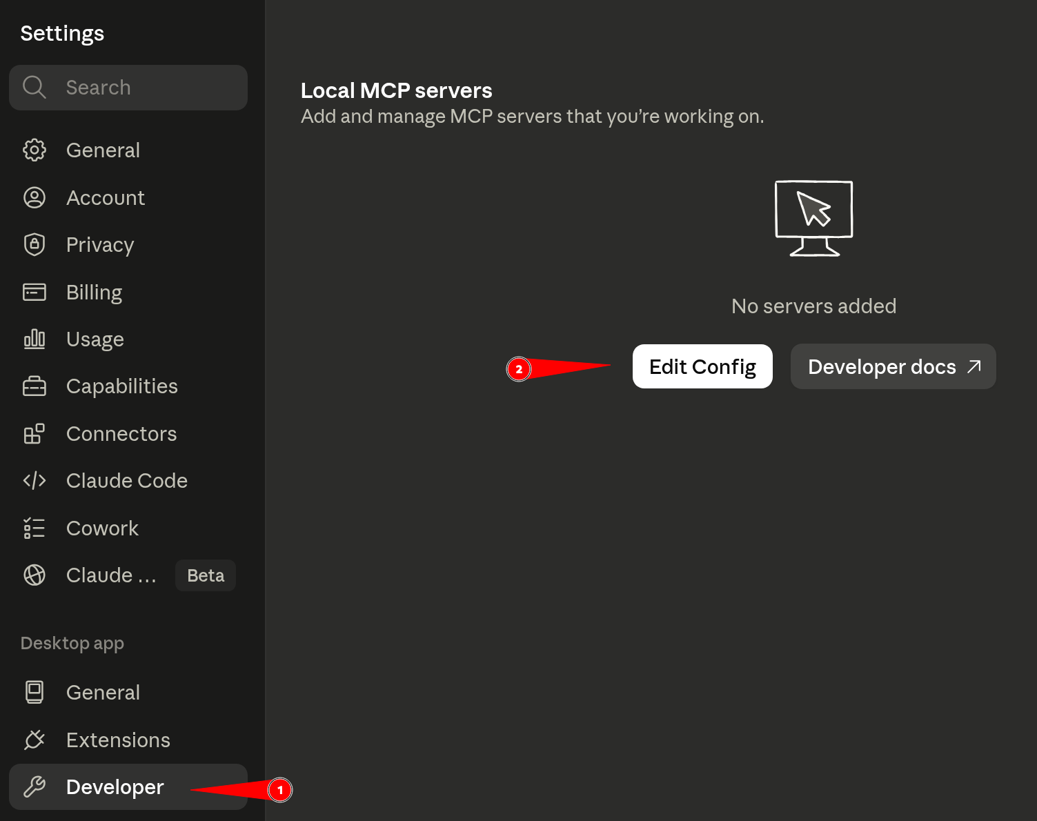 Interface com painel de servidores MCP locais e botão Edit Config