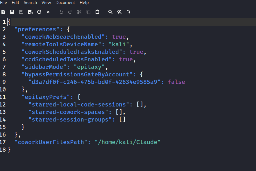 Editor de texto com o JSON de configuração contendo apenas preferências do cliente