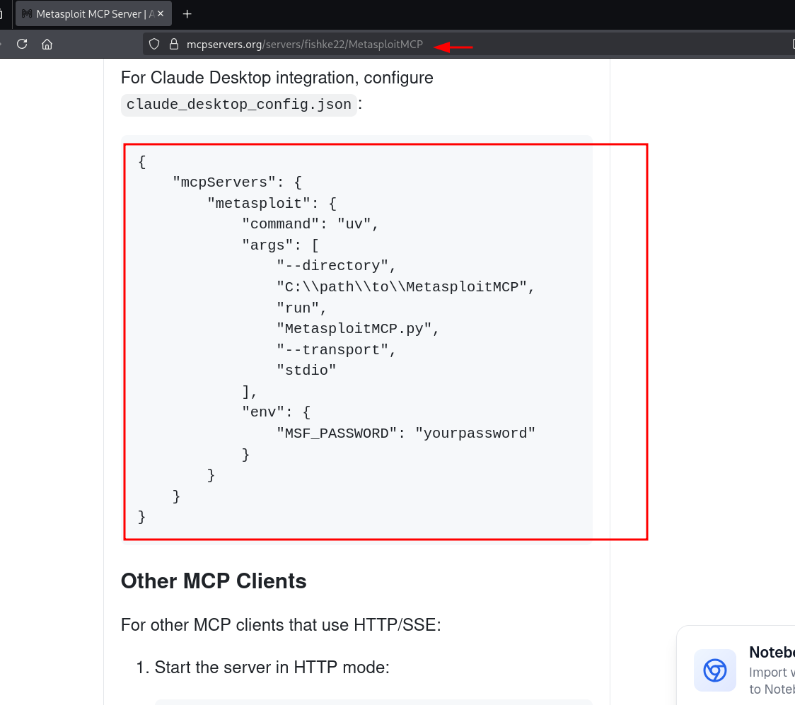 Bloco de template de configuração do servidor Metasploit MCP