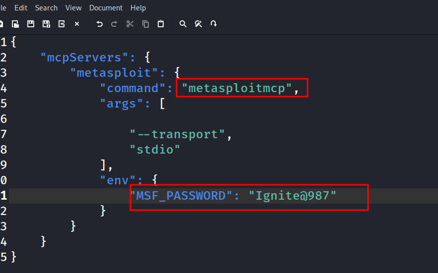 Editor com a configuração final do servidor Metasploit no JSON